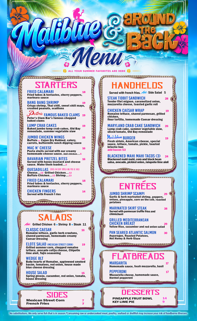 Maliblue and Around the Back full menu