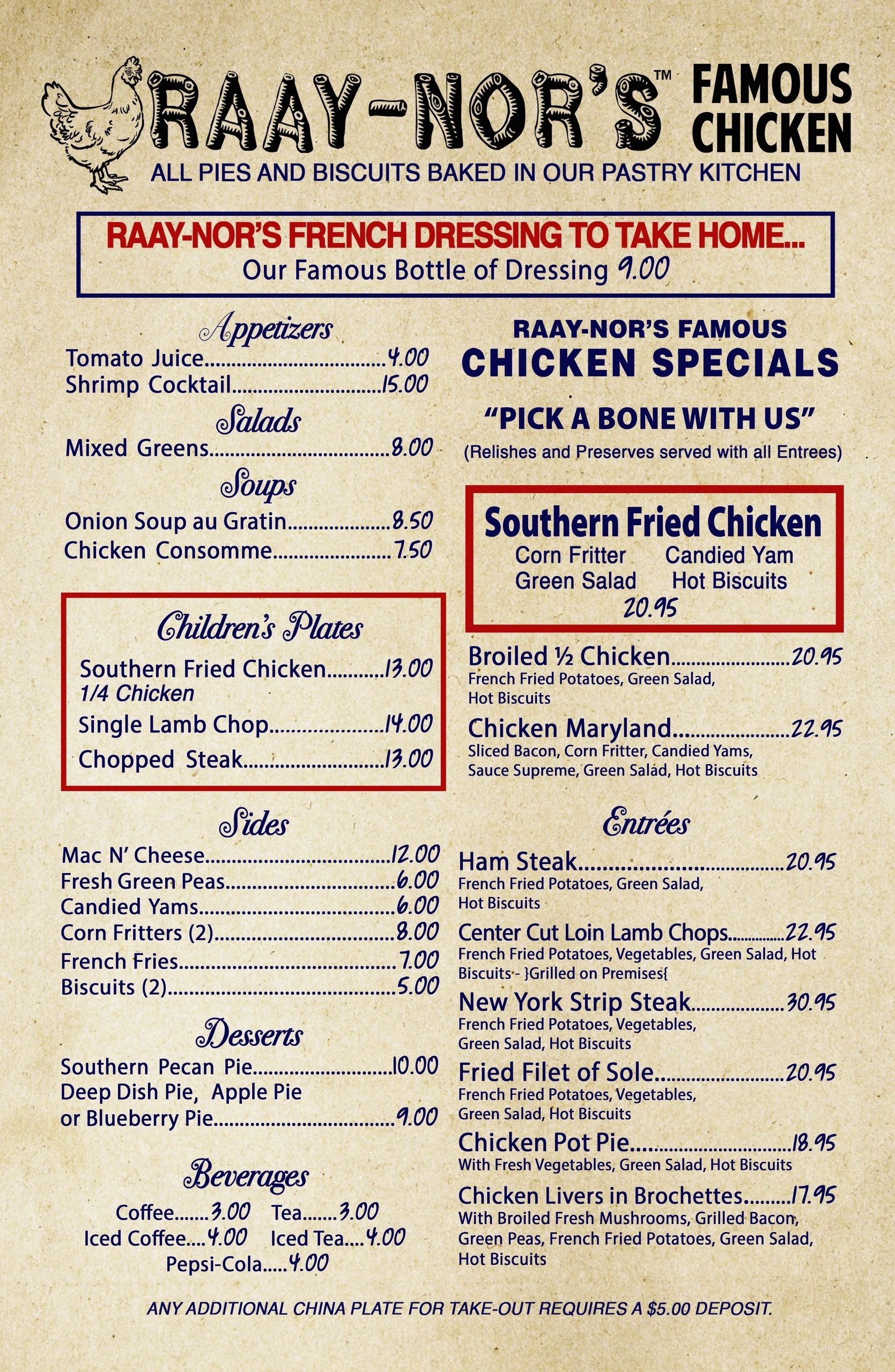 Raay-Nor's Famous Chicken Menu